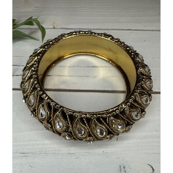 Jewelry - Antique Gold Tone with Rhinestone Bangle Bracelet